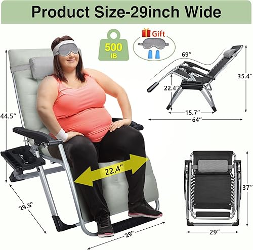 Miniatura 2 de Slendor Silla de gravedad cero de gran tamaño, reclinable de gravedad cero de 29 pulgadas, silla reclinable plegable, silla de patio interior y