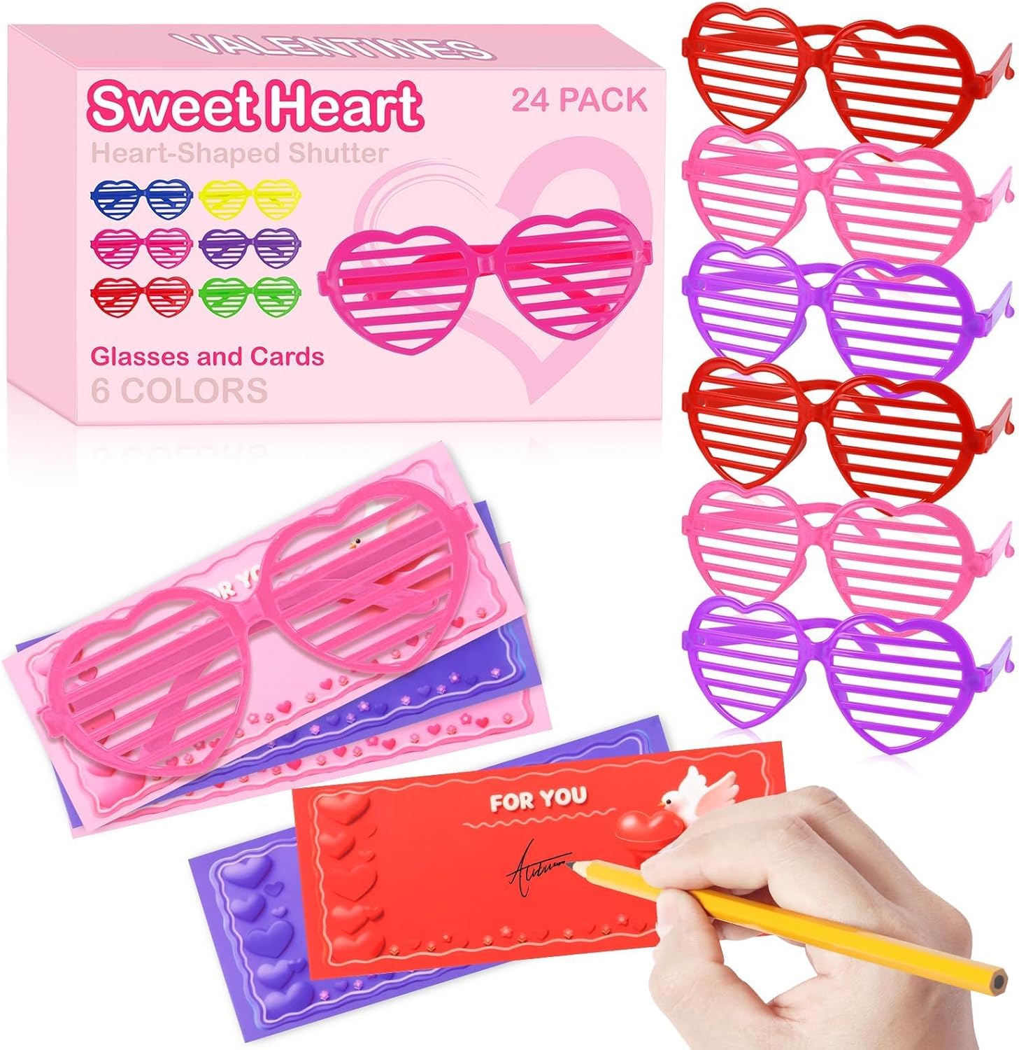 24 Pcs Heart Shaped Shutter Shade Glasses with Cards and Gift Box, Valentines Party Favors, Valentine's Classroom Exchange Prizes Gifts for Kids Boys Girls (Red+Pink+Purple)