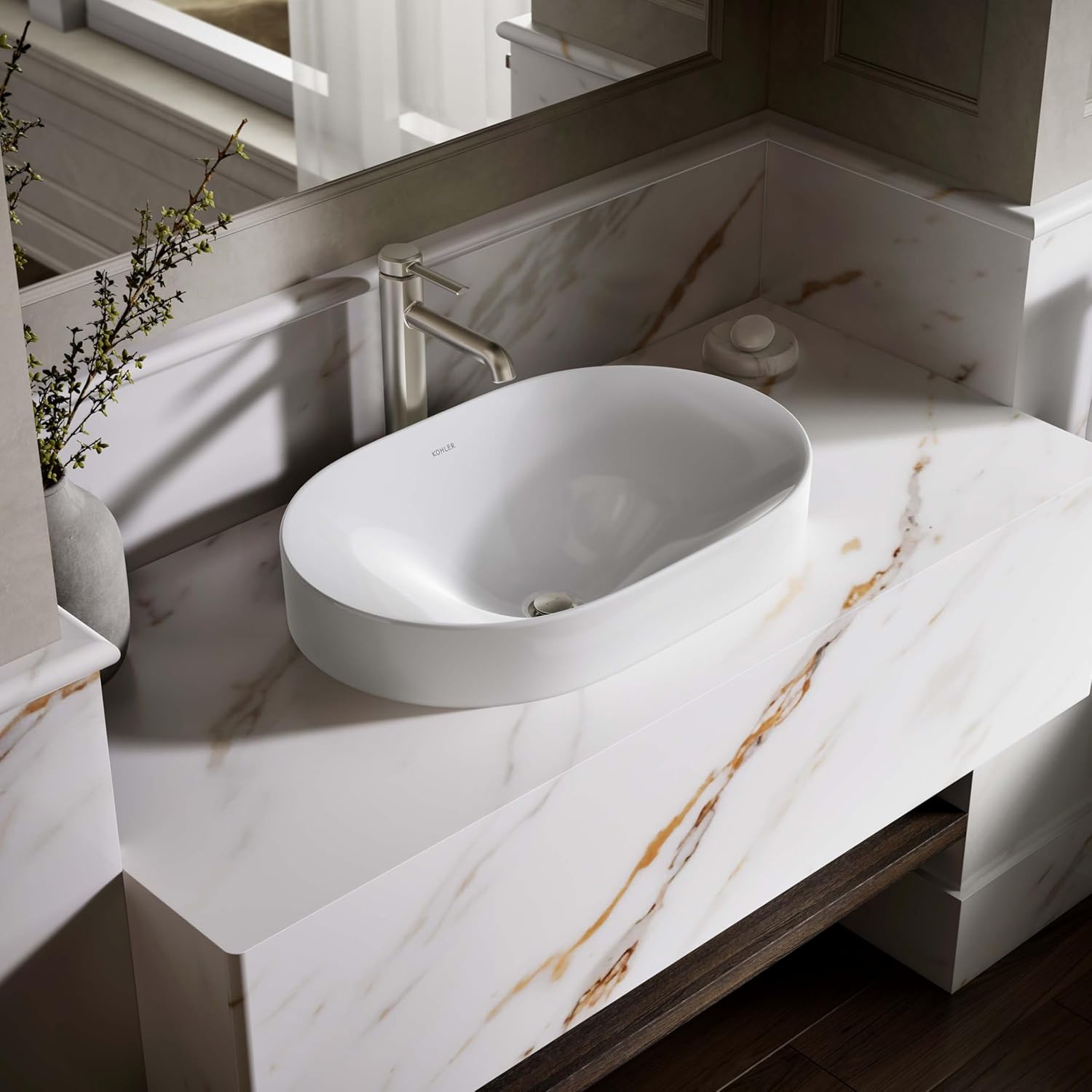 KOHLER 31701-0 Chalice 22-3/4" Oval Bathroom Vessel Sink, Above Counter Vanity Sink Basin, with Overflow, No Faucet Holes, White