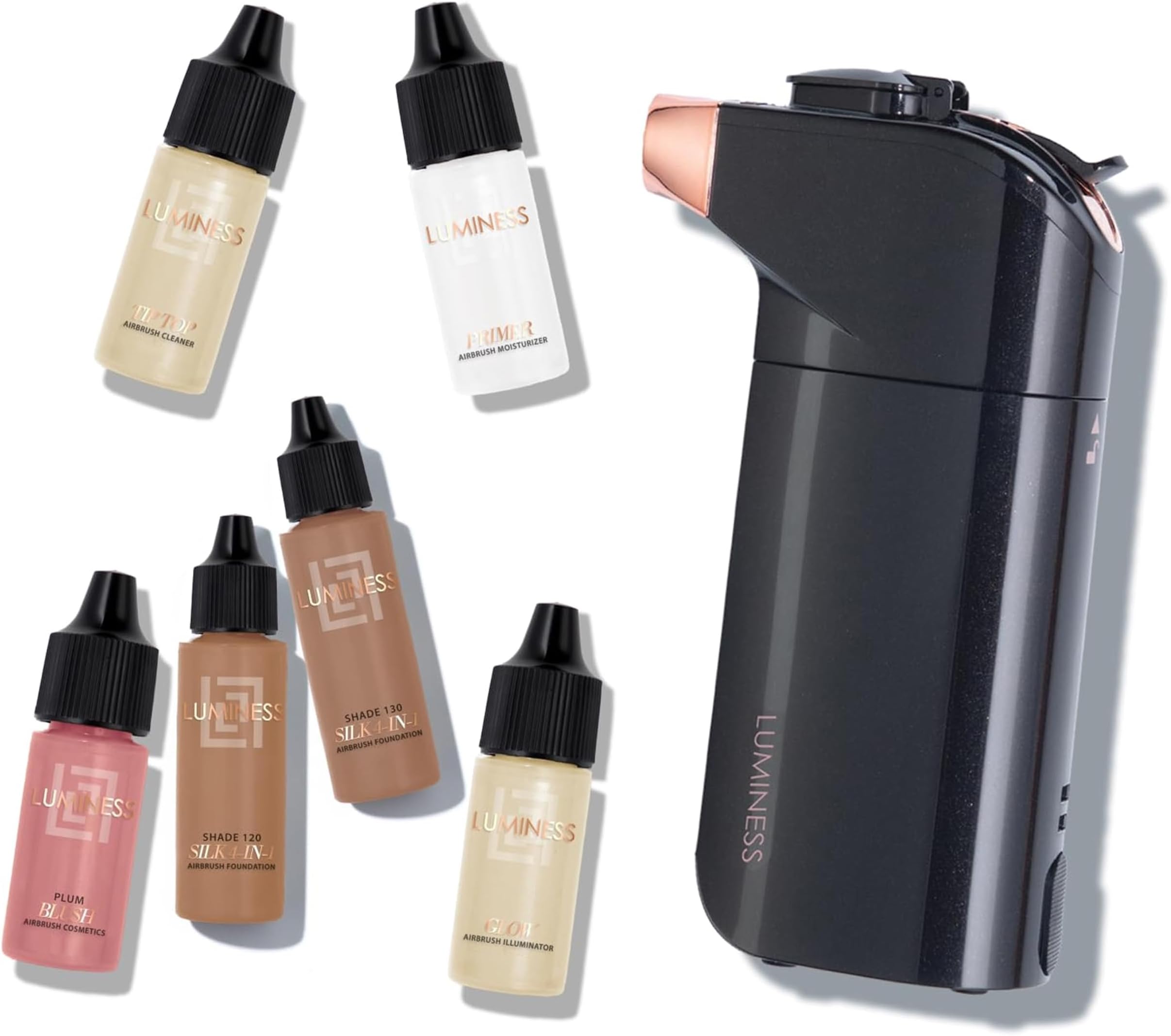 Luminess Breeze Duo Airbrush Makeup System, Deep Coverage โ 9-Piece Kit includes 2x Silk Airbrush Foundation, Apricot Shade Blush, Glow Highlighter, Moisturizer Primer, and Airbrush Cleaning Solution