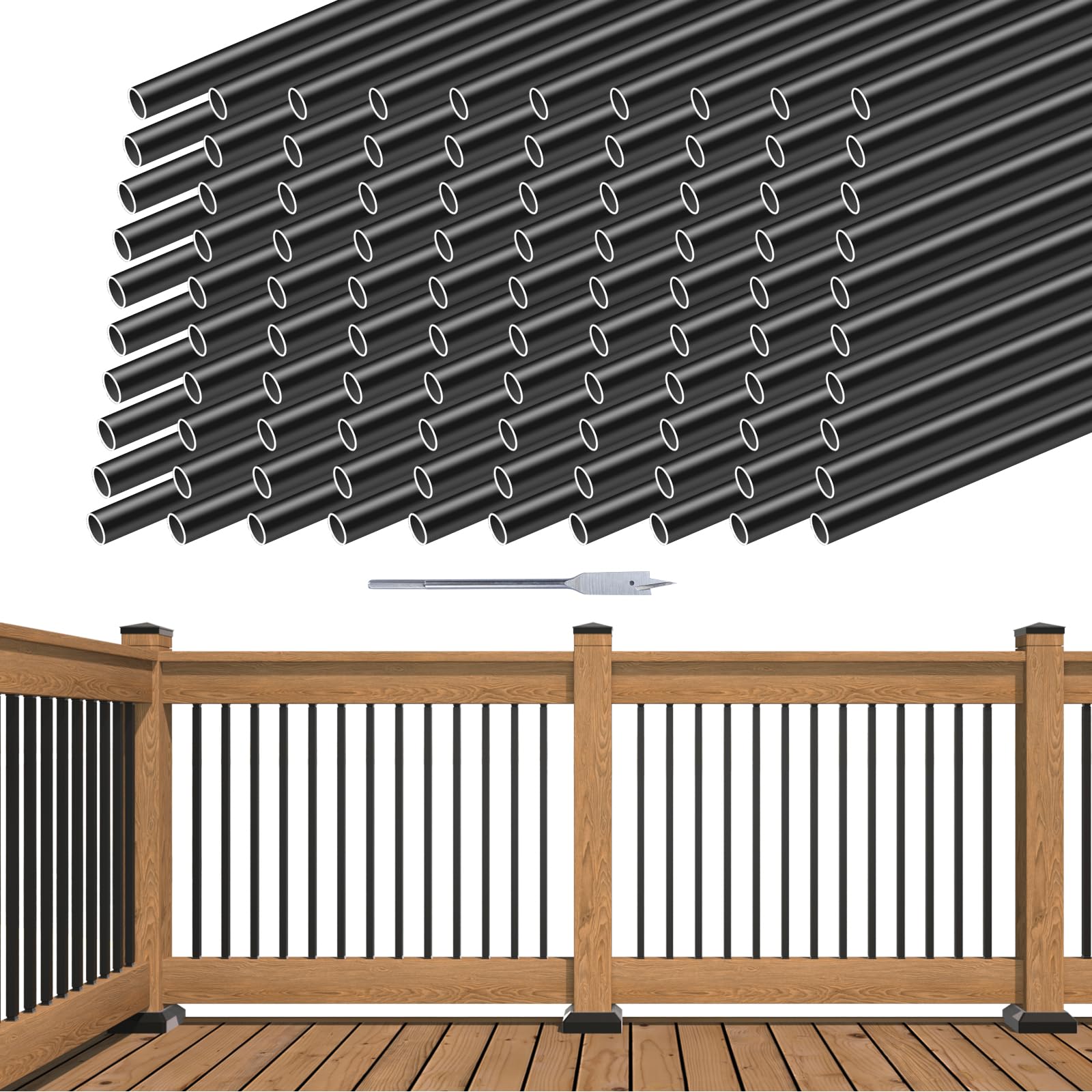 Muzata 100Pack 26" Aluminum Deck Balusters Round Black Deck Railing Stair Porch Staircase Spindles 3/4" Diameter Hollow for Wood and Composite Deck, WT02