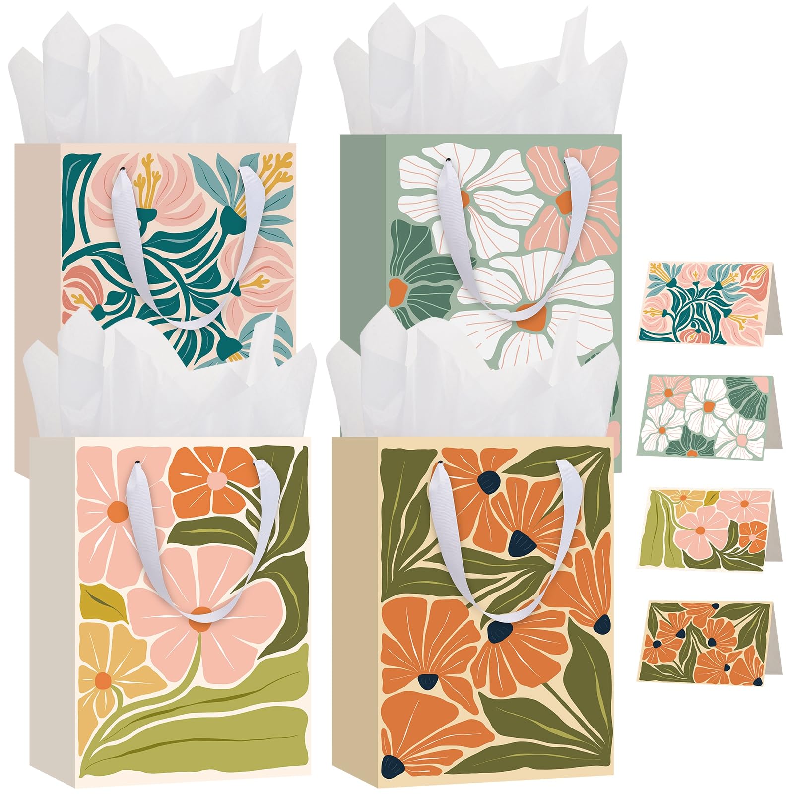 woric 10.6" Matisse Flowers Gift Bags with Tissue Paper, 4 Colors Medium Gift Bag with Greeting Cards for Mother's Day Birthdays Bridal Showers Weddings(10.6x7.87x4.7in)