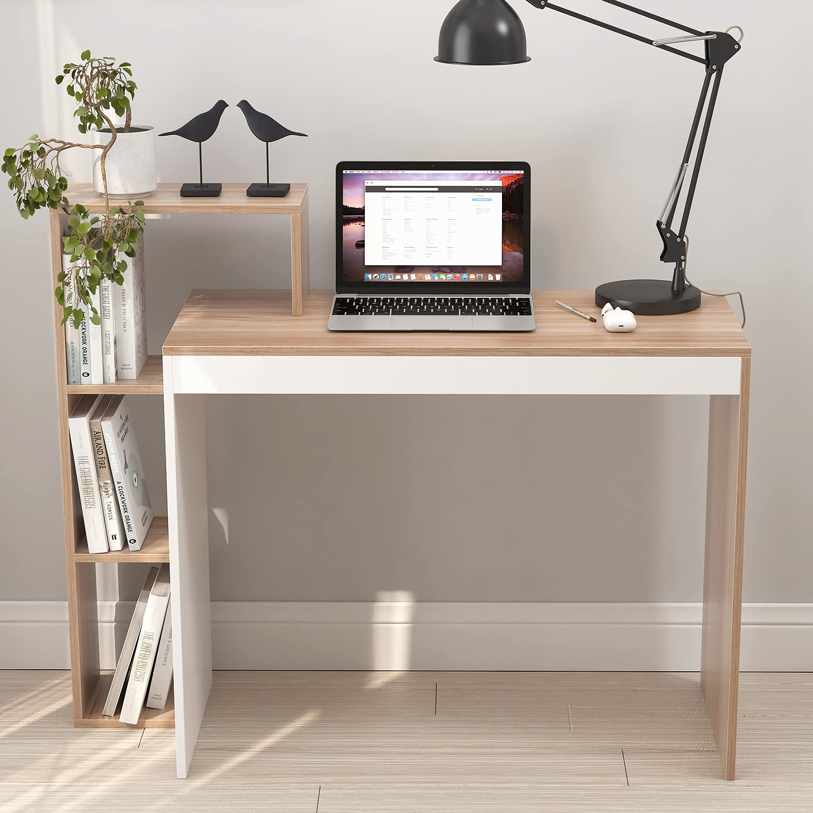 sogesfurniture BHEU-SZKST-BD-TW - Scrivania per computer portatile con ripiani, 110 x 40 x 91 cm, in teak e bianco