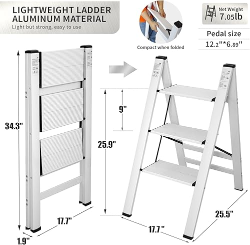 Miniatura 3 de DOFIMATE Escalera de 3 escalones, escalera plegable de 3 escalones, taburete plegable de 3 escalones con pedal antideslizante ancho, escalera de