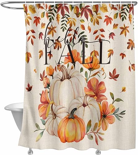 Miniatura 11 de Cortina de ducha a cuadros de búfalo negro calabaza para baño, cortinas de baño con girasoles y ardillas con ganchos, tela de poliéster impermeable