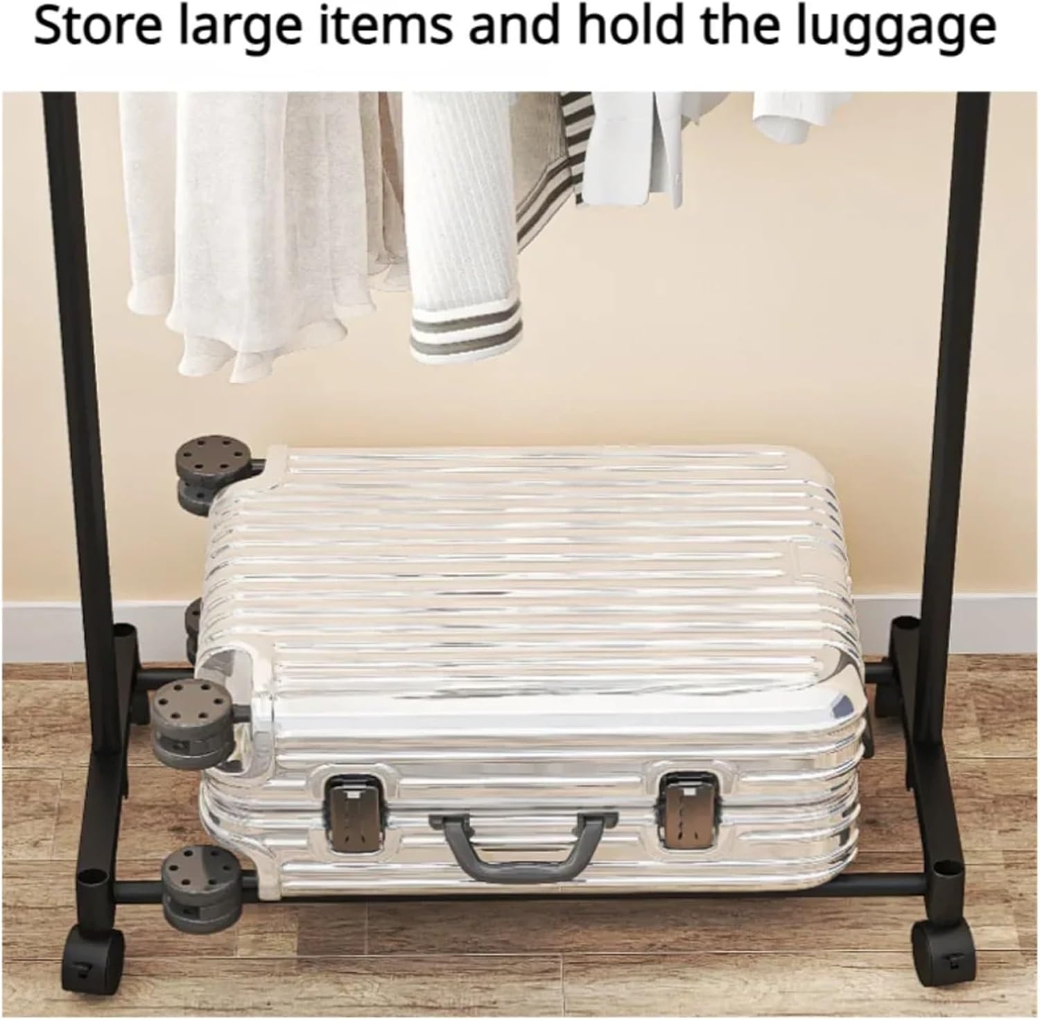 多機能ダブルロッド衣類ラック ポータブルモバイル衣類収納スタンド キャスター付き 寝室用 調節可能 高耐久 衣類ハンガー (シングル