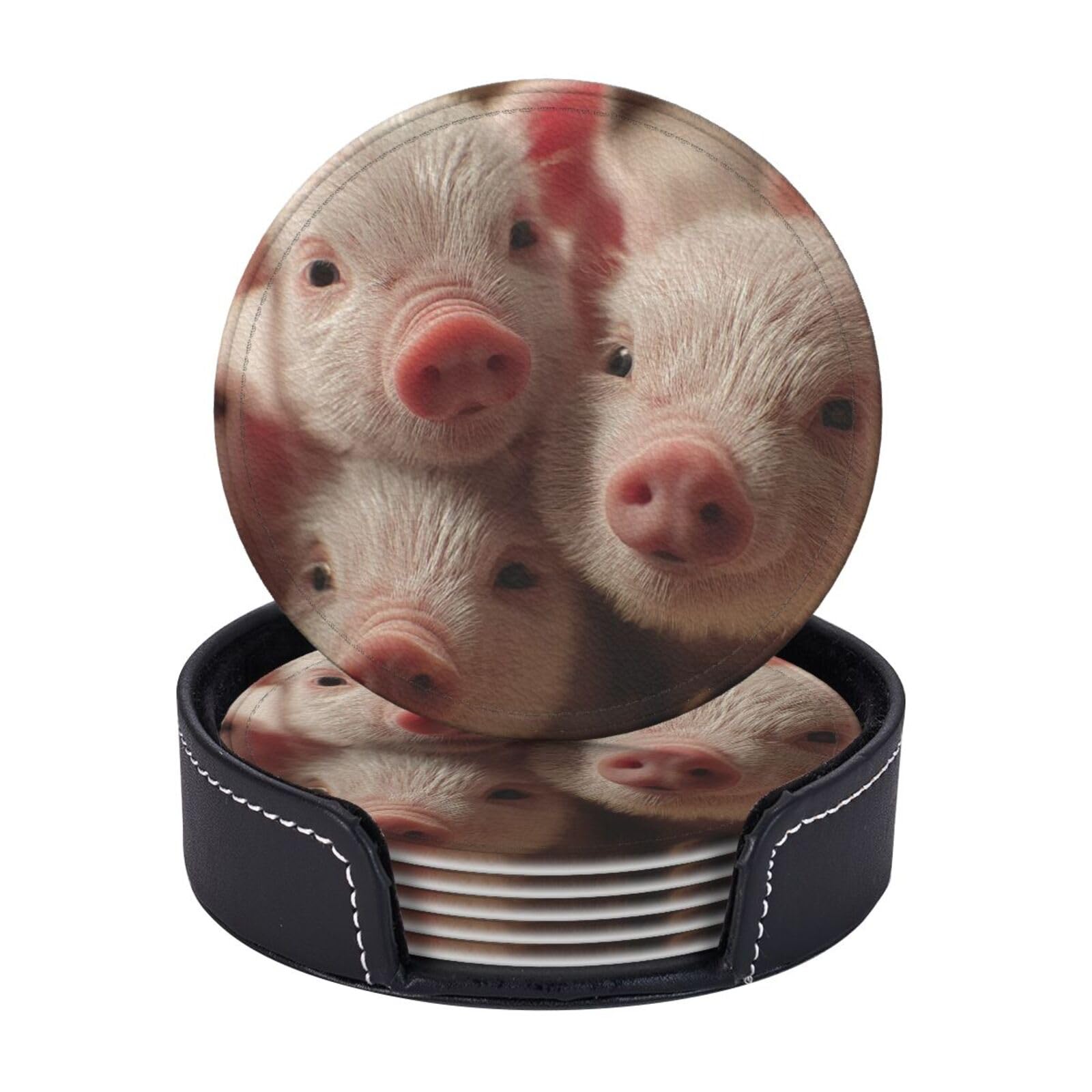 Drink Coasters 6 PCS Round Leather Coaster Four Little Pigs Coasters for Drinks Non-Slip Mugs Pads with Holder Personalized Cups Pad Mat for Coffee Table Kitchen 10 CM