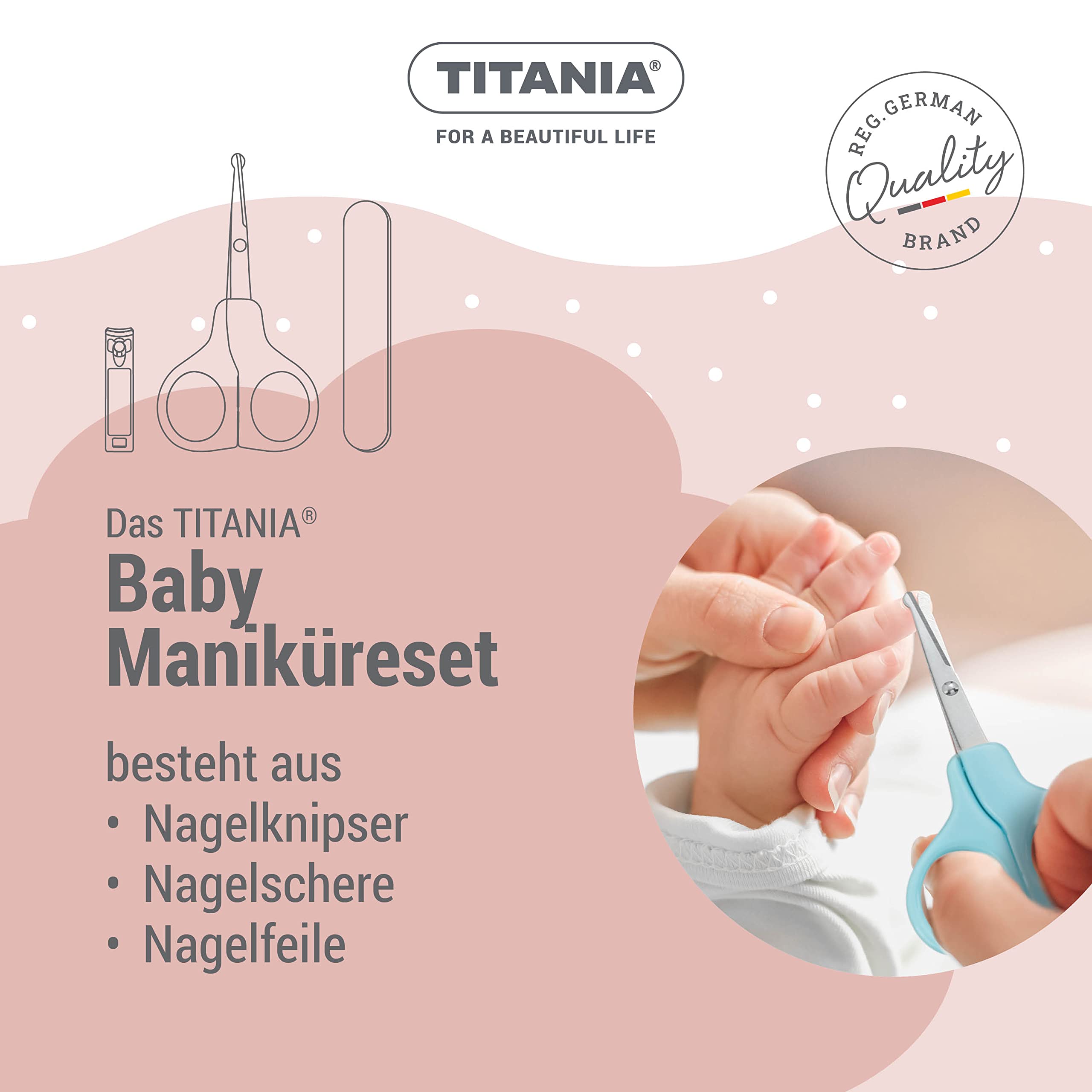 TITANIA Kit de manucure pour bébé (3 pièces) • Ciseaux à ongles pour bébé, coupe-ongles et lime à ongles pour bébé • Kit de soin pour bébé • Kit de soins pour bébés • Kit de soin pour bébé Rose