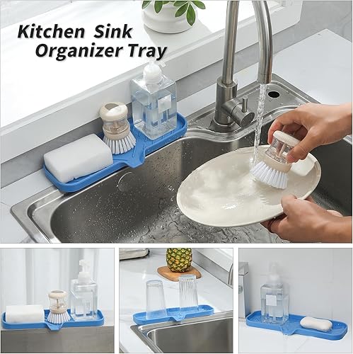 Vista 352 de Jaboneras de baño de silicona con boquilla de drenaje, organizador de fregadero de baño y cocina, soporte para esponja, bandeja de jabón para Gris