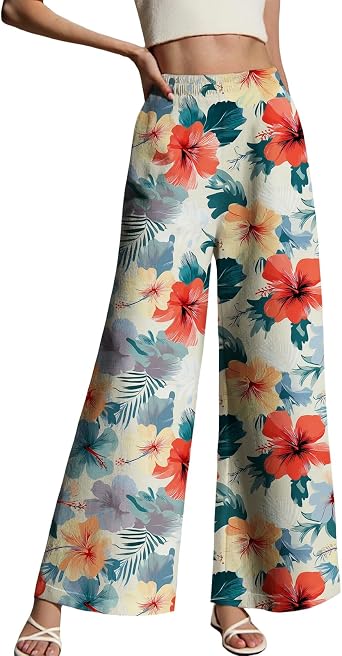 LIZALIG Womens Casual Long Pajama Lounge Pants Drawstring Sleepwear Print Design Beach Flowy Trousers with Pockets