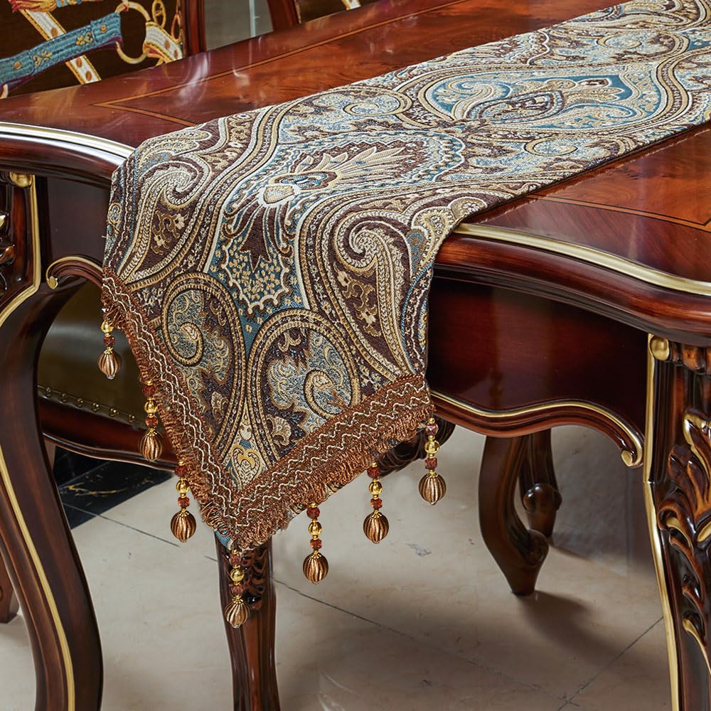 Luxury Vintage Design Table Runner 48 inches Long Embroidery Jacquard Fabric with Multi-Tassels Table Runners for Dining Room Dresser Wedding Holiday Party Fireplace Decorations (Coffee, 12X48inch)