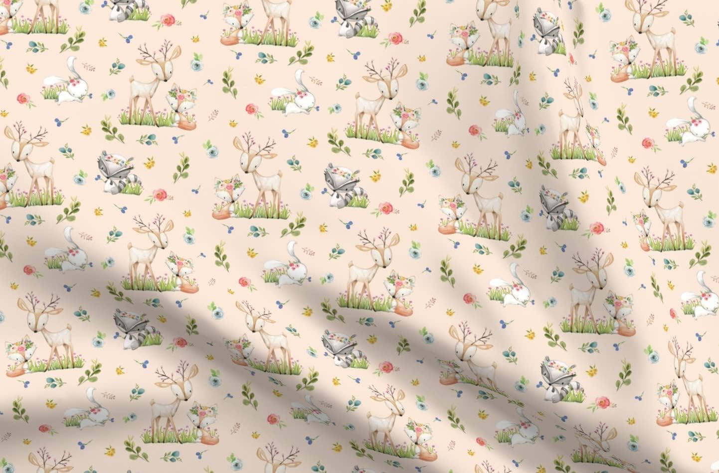 Spoonflower Fabric - Woodland Friends Blush Deer Fox Raccoon Flowers Girl Nursery Girls Printed on Organic Cotton Sateen Fabric by The Yard - Sewing Quilting Apparel Home Decor