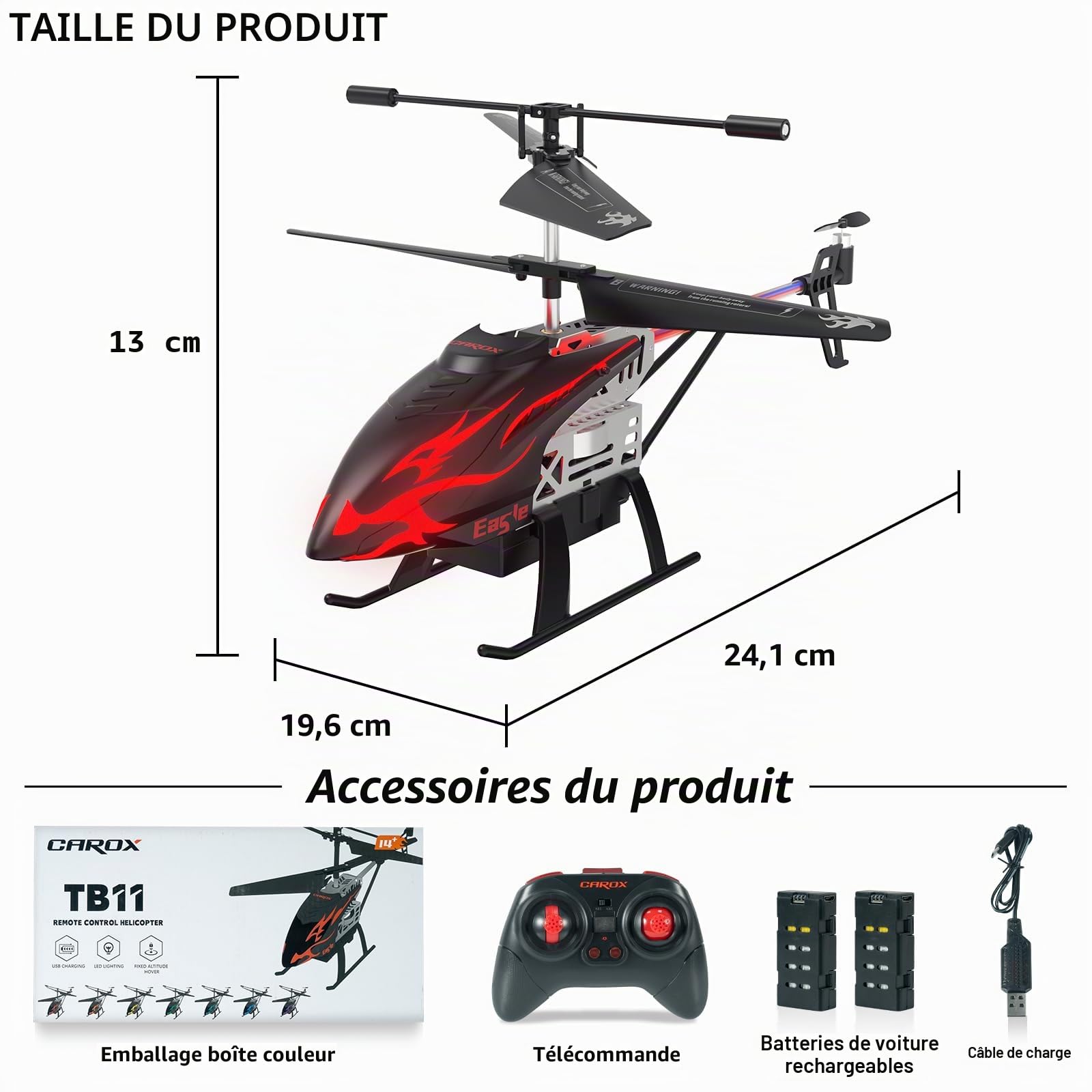 Carox Hélicoptère Télécommandé Enfant 6 Ans 30 Min de Vol 2 Batteries Maintien d'Altitude 1 Touche Lumières LED Jouet Intérieur Cadeau d'Anniversaire