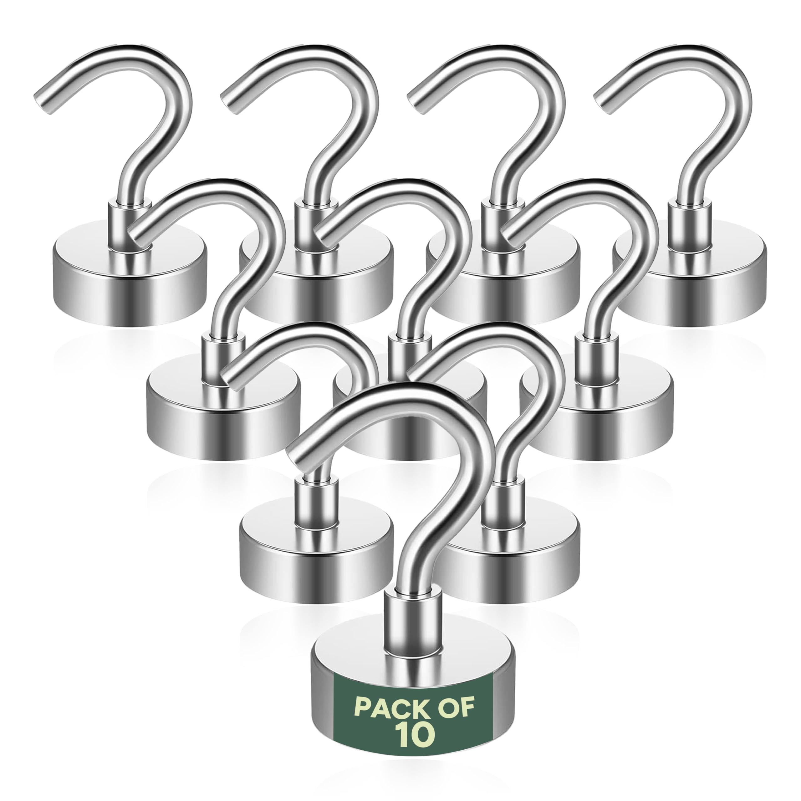 Zuvo Silver Heavy Duty Magnetic Hooks 10 Pack – Strong Neodymium Magnet Hooks (22Lb/10Kg) For Cruise Cabins, Kitchen, Fridge, Wall, Ceiling, Garage, Van – Rust-Resistant Metal Hook For Hanging & Organising