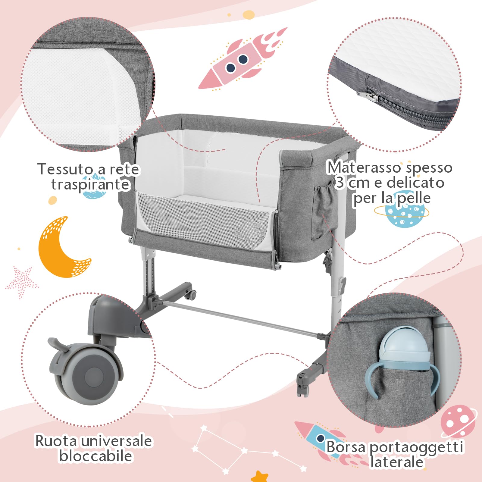 RELAX4LIFE 3 in 1 Culla Neonato Fianco Letto, Culla da Campeggio con Materasso e Cinghia Fissaggio, Regolabile In Altezza 5 Posizioni, Borsa per il Trasporto, per Bambini 0-6 Mesi (Grigio Chiaro)