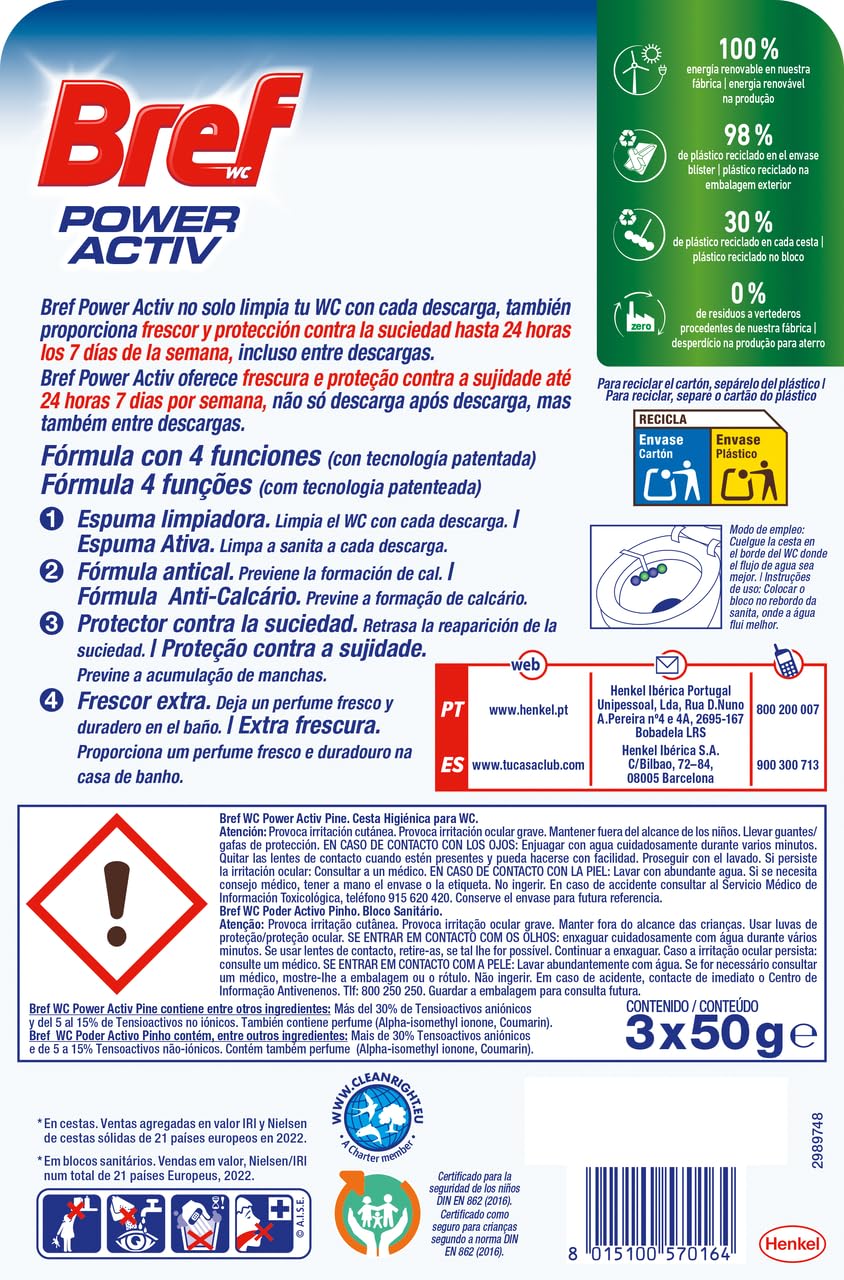 Bref Power Activ Pine (3 unidades), limpia baño con fórmula 4 en 1, cesta higiénica y protectora para inodoro, con aroma a Pino, limpiador baño antical, 24 h de protección