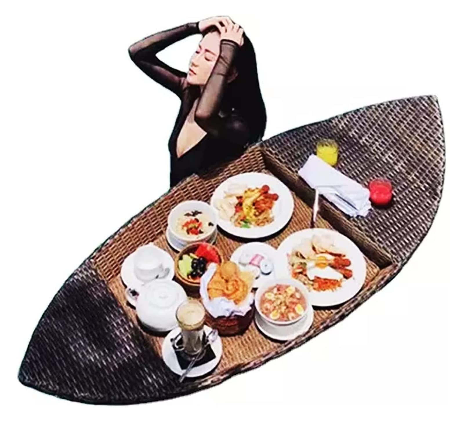 Bandeja Flotante para Servir Mesa con Bandeja para Piscina, Bandeja De Desayuno Flotante De Ratán De Gran Tamaño, Bandeja para Servir Tejida De Ratán Extra Grande, Flotadores pa