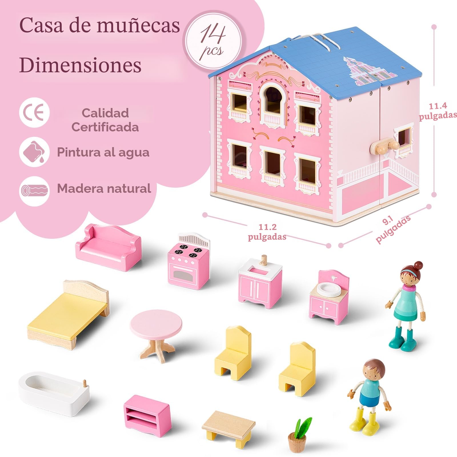 Giant Bean Exquisita casa de muñecas de Madera Rosa para niñas con 2 muñecas y 12 Muebles de Madera, Juego de casa de Juego Plegable y portátil con asa, Regalo de cumpleaños de Navidad para niñas a