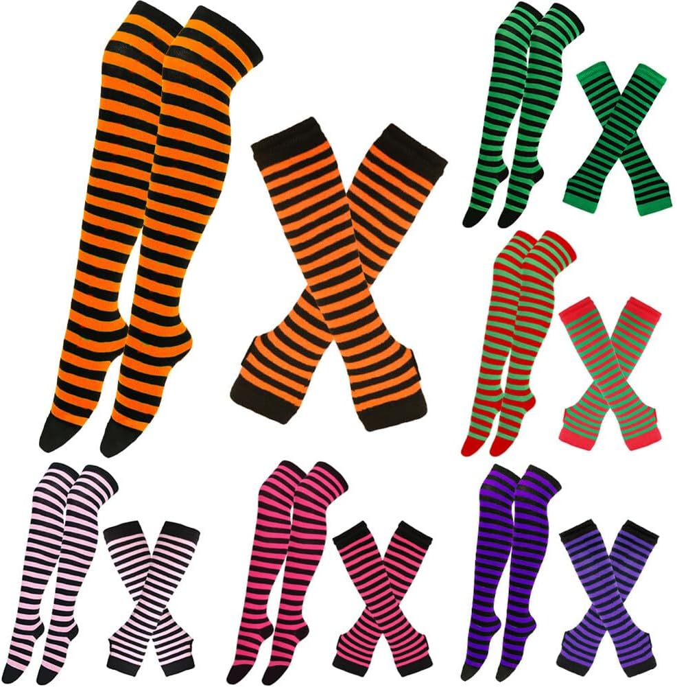 Eforcase Womens Striped Thigh High Socks Over Knee High Socks Leg Arm Warmer Long Fingerless Gloves Set for Christmas - Image 8
