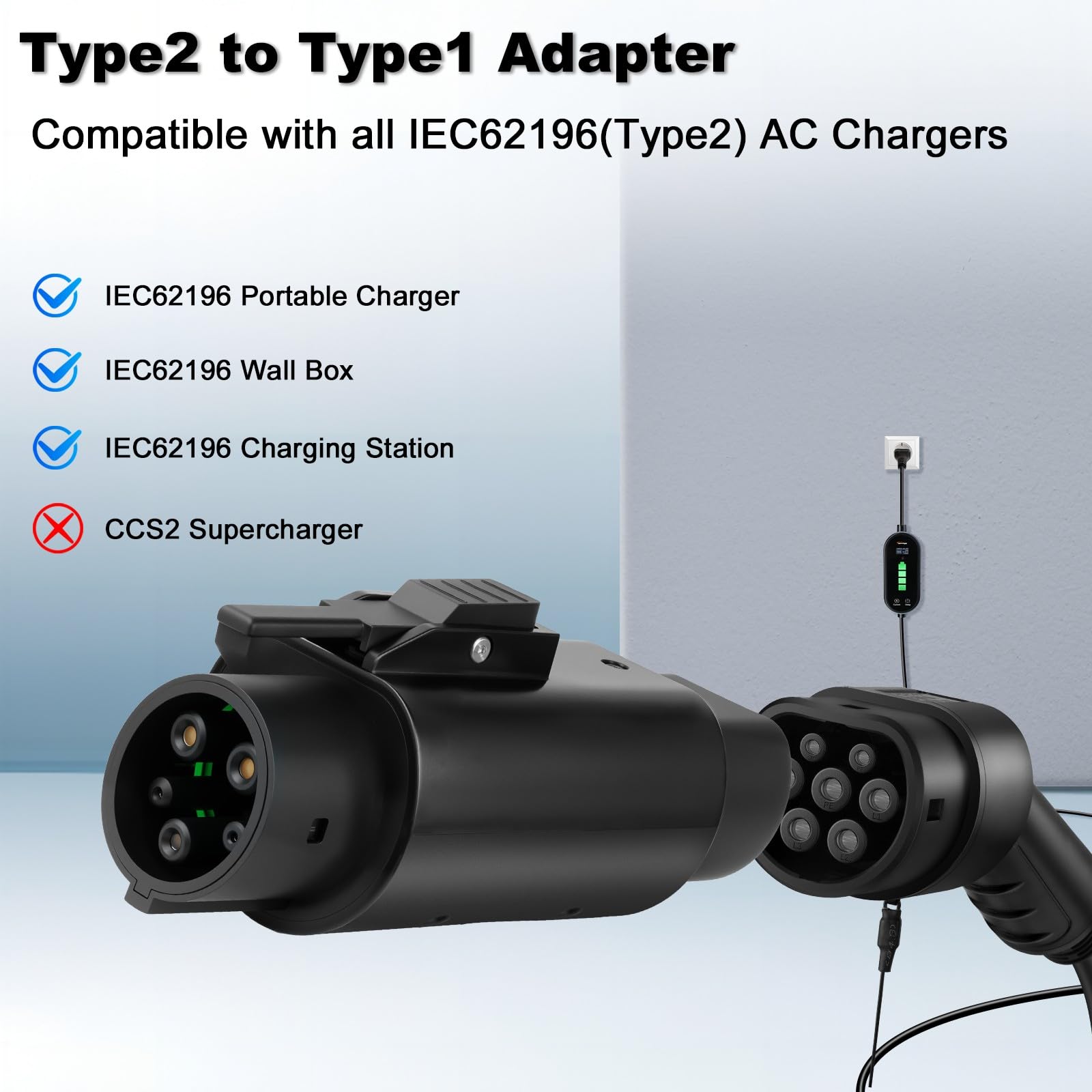 Type2 to Type1 EV Adapter with Anti-drop Clip, Max 32A, 250V AC, IEC 62196 to SAE J1772 Electric Vehicle Adapter, Fit for J1772 EVs Charger Connector