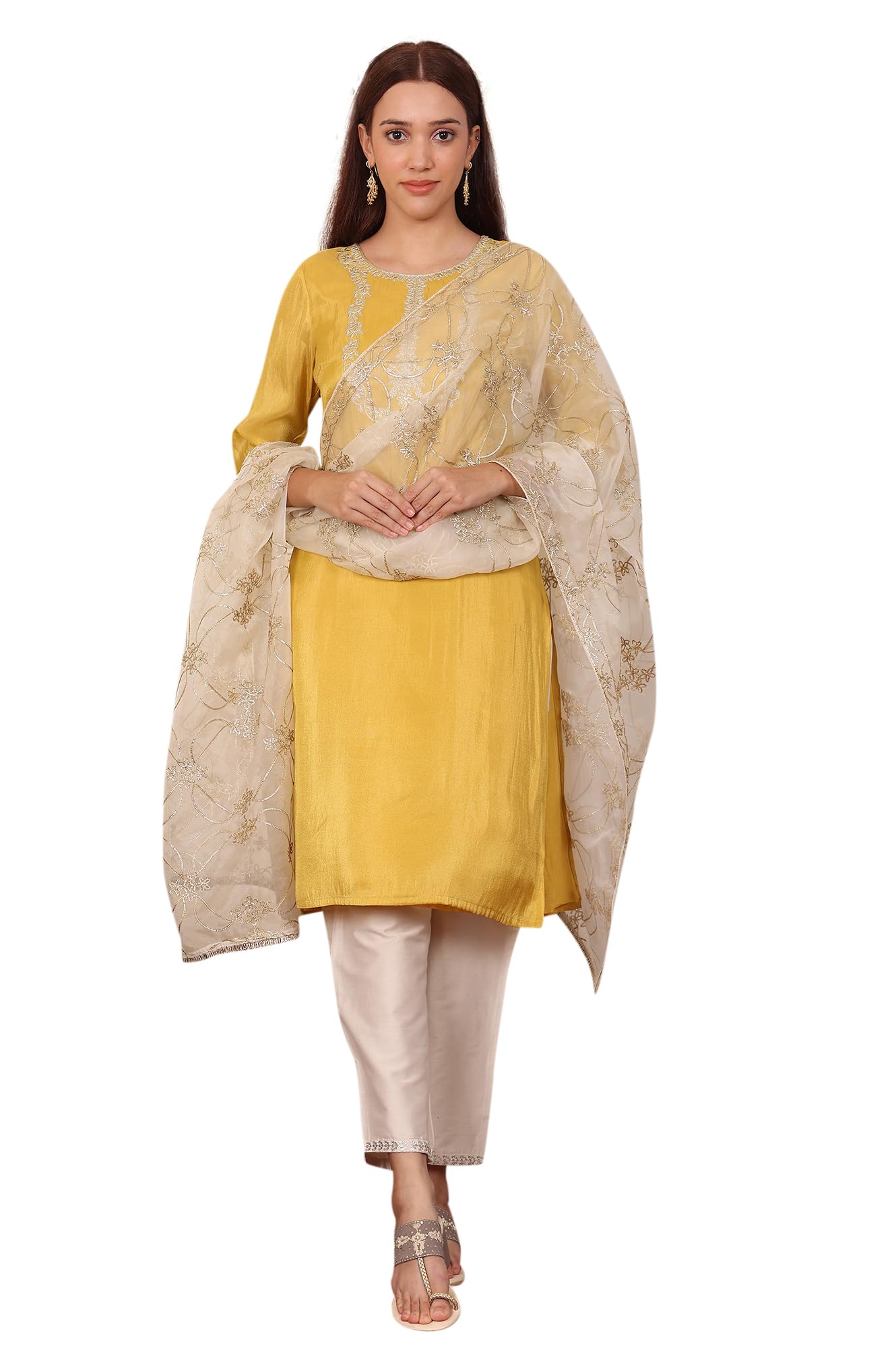 w for woman Women's White Gota Embroidered Organza Dupatta, Free Size, Yellow-picture-34