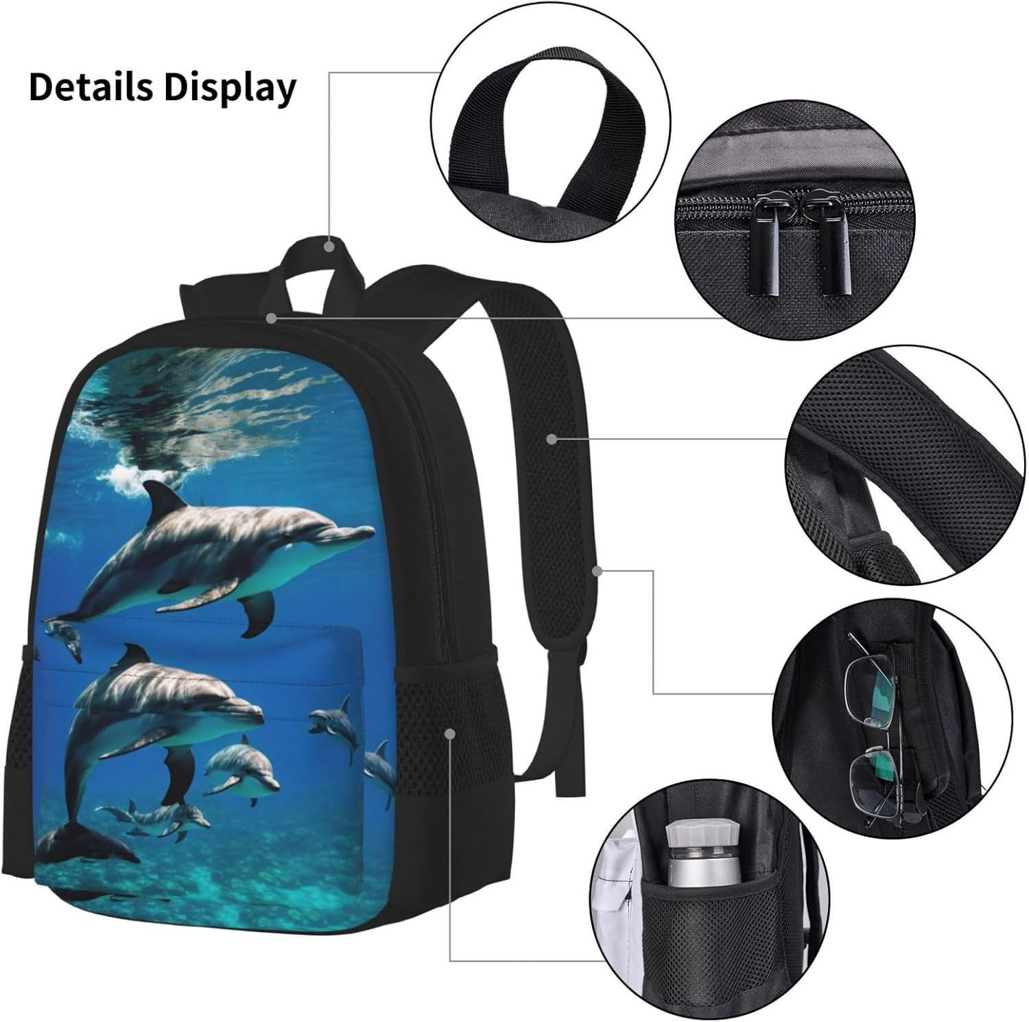 Funny Animal Dolphin Backpack With Lunch Box 3 In 1 Set With Pencil Case, Large Capacity Backpack With Chest Strap