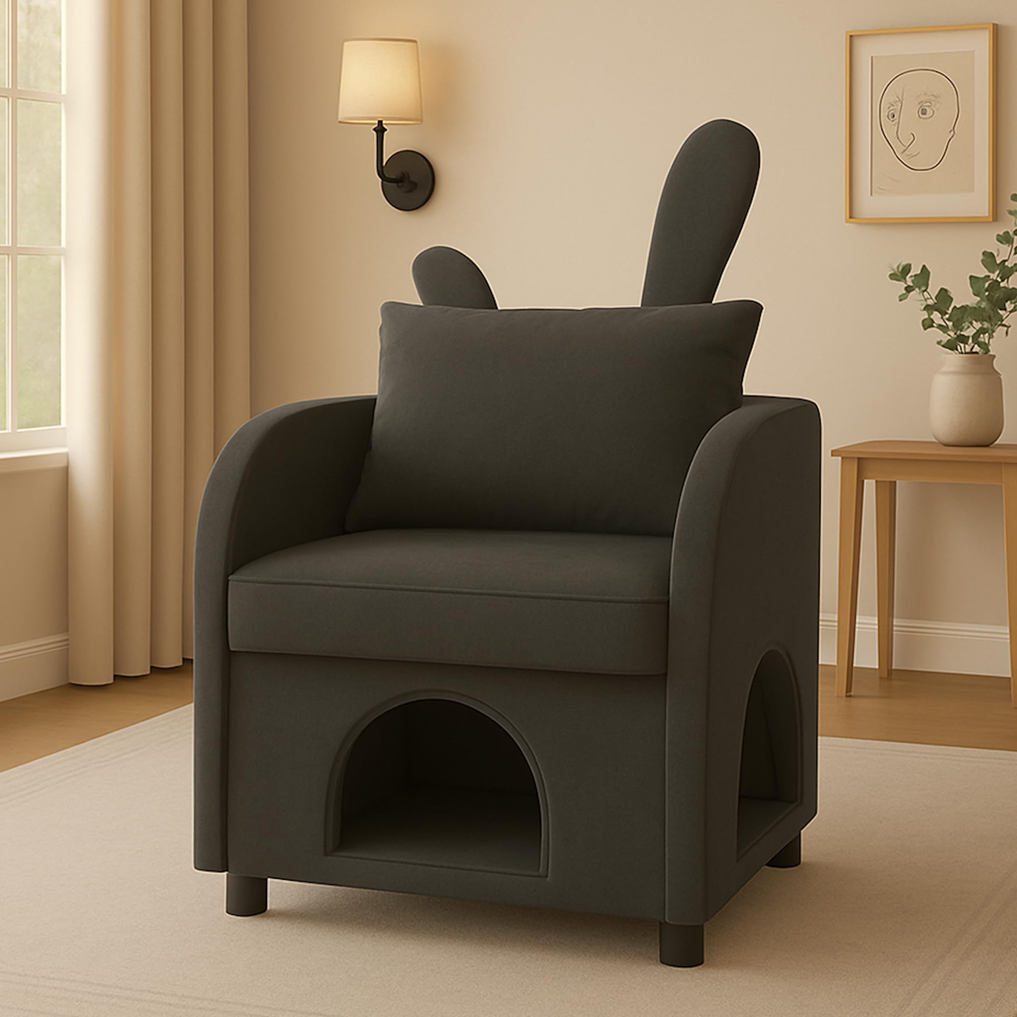 Dark Gray Bunny Ear Pet Friendly Armchair, Triple Entry Pet Hideaway Openings, Dual Use Sofa Chair, Upholstered Single Sofa Chair for Living Room Bedroom Office