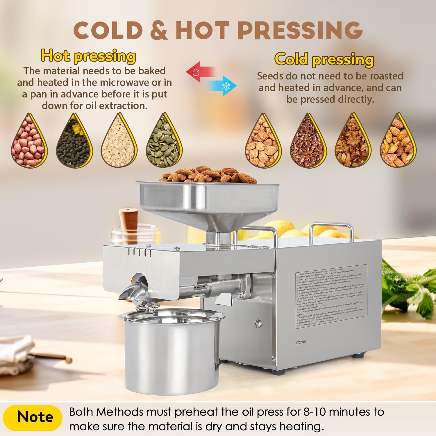 CGOLDENWALL 1200W Household Commercial Automatic Oil Press Machine Nuts Seeds Oil Presser Pressing Machine Cold Press Hot Pressing machine Stainless Steel with industrial motor 110V