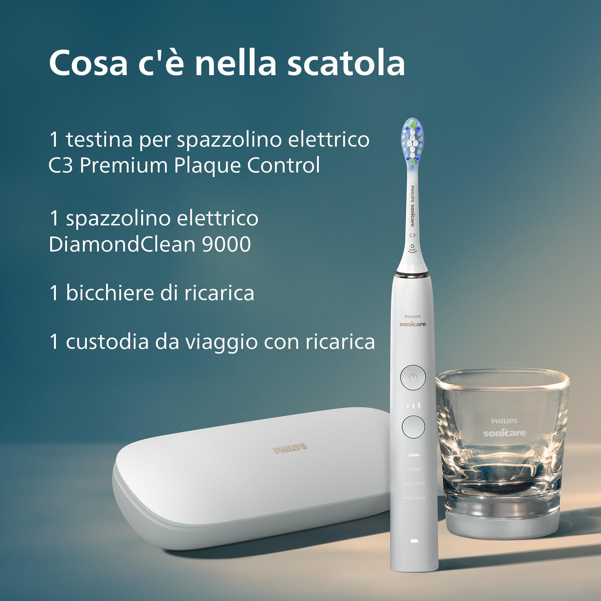 Philips Sonicare DiamondClean 9000 spazzolino elettrico sonico con app, colore bianco, modello HX9911/27, Sonicare 9000, Bianco