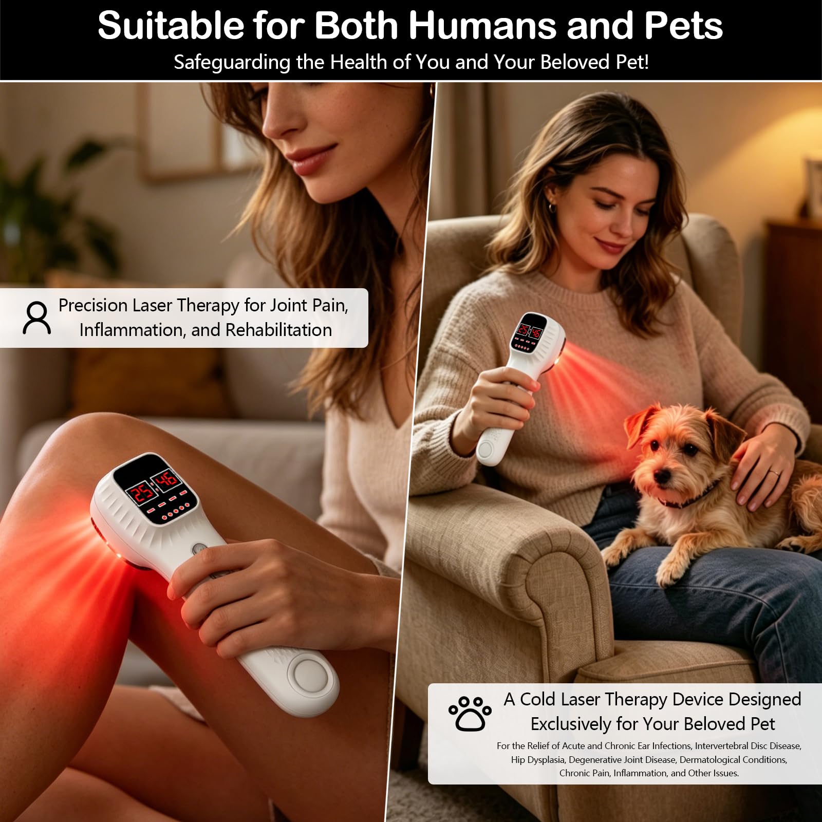 Dispositivo de terapia láser portátil para humanos y mascotas, con soporte y gafas de protección 16 × 650 nm + 3 × 808 nm regulación de intensidad en 4 niveles para todo el cuerpo