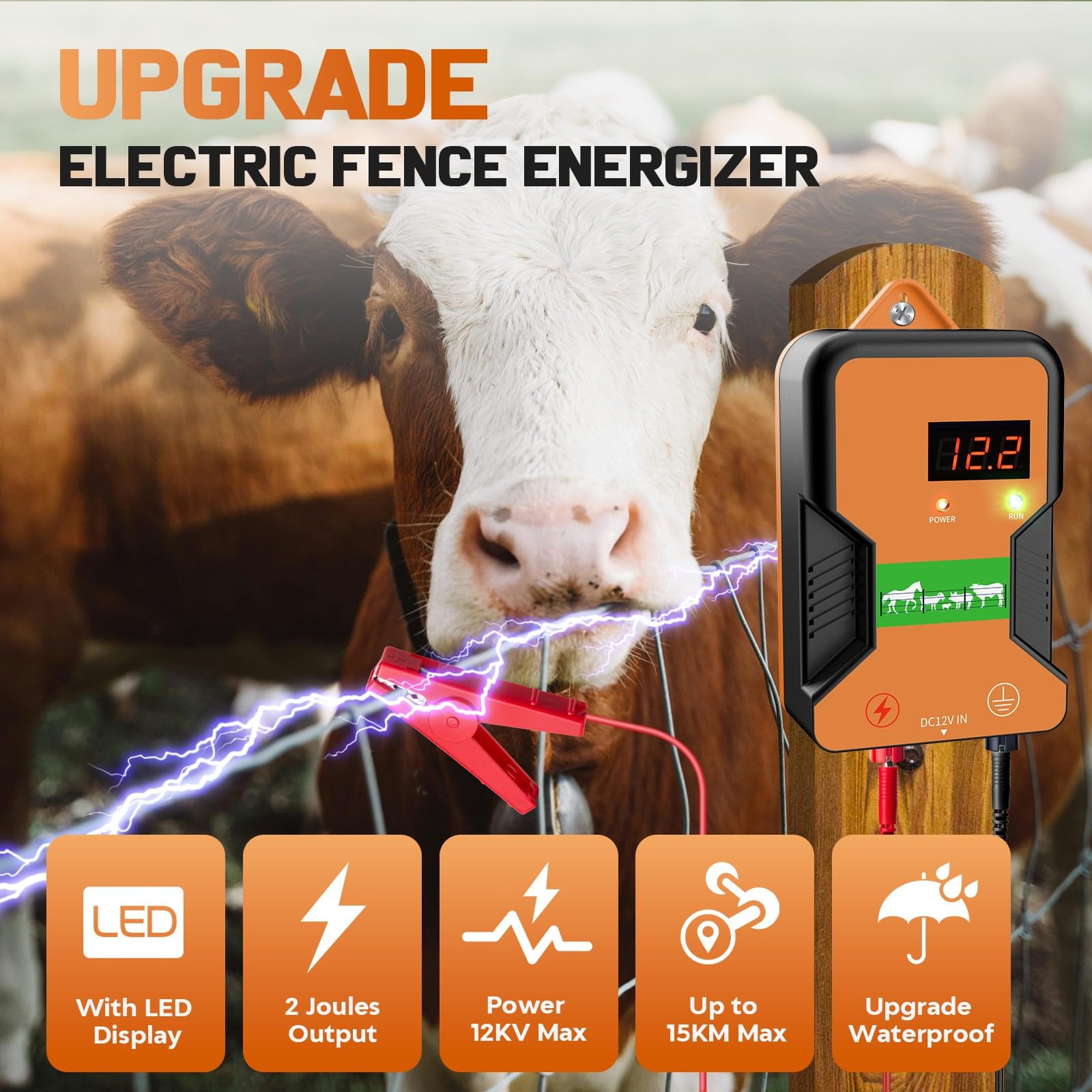 15KM Elettrificatore Per Recinto Elettrico, Recinzione Elettrica per Animali, Per Animali, Allevamento Di Pollame, Pastore, Strumento Per Recinzione Impermeabile (Arancione)