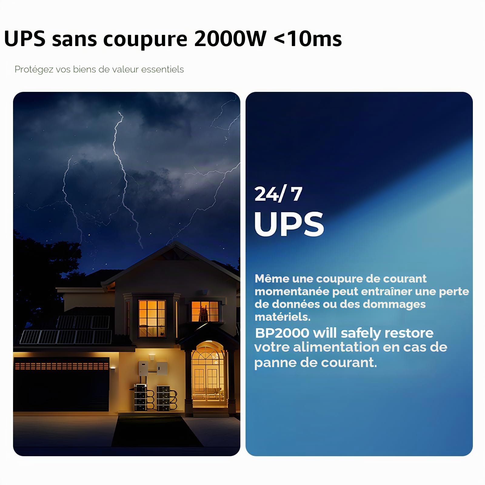 Centrale électrique portable B20000E, batterie LiFePO4 de secours 2048 Wh, sortie AC sinusoïdale pure de 2200 W, générateur solaire avec 1 batterie extensible – Panneau solaire non inclus