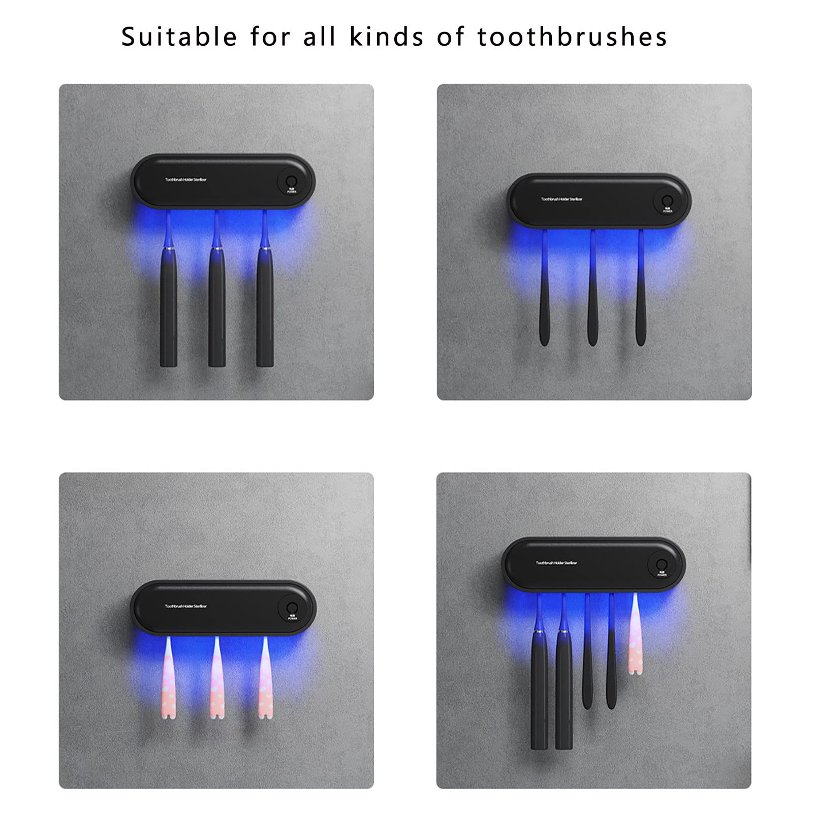 Porta Cepillo de Dientes, Soporte Cepillo de Dientes con Función Esterilizador Secado, Estuche Cepillo Dientes USB Recargable con LED, Organizador Baño Negro