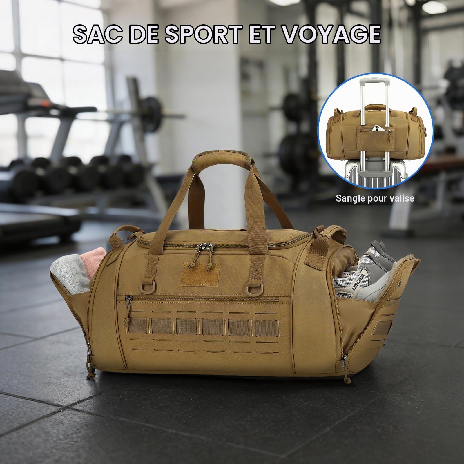 Sac de Sport Tactique pour Homme 45L Sac de Voyage avec Compartiments Chaussures et Ordinateur Portable Taille Moyenne Sac Fitness pour Gym, l'entraînement ou Week-Ends (Marron)