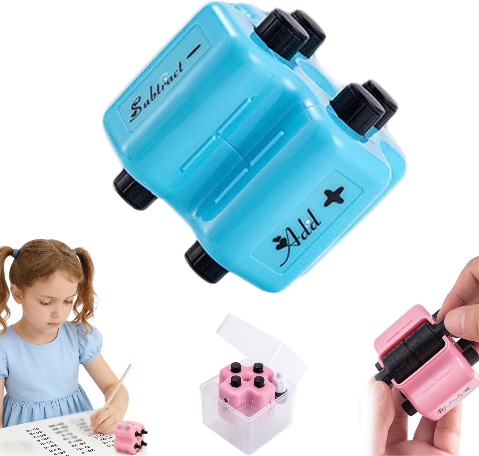 4-in-1 Math Stamp Roller, Math Teacher 4 in 1 Roller Stamp, Addition Subtraction Multiplication Fill-in-the-Blank, Rollers Digital Teaching Stamps W/Refill Ink, Classroom & Home Use (Blue)