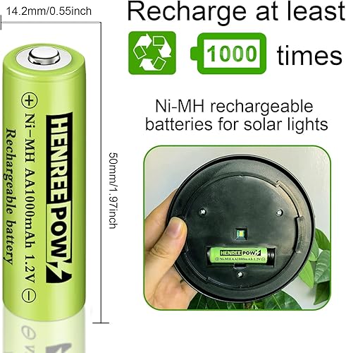 Miniatura 4 de Henreepow Baterías AA recargables, baterías solares Ni-MH doble A de alta capacidad 1.2V precargadas para luces solares al aire libre, luces de