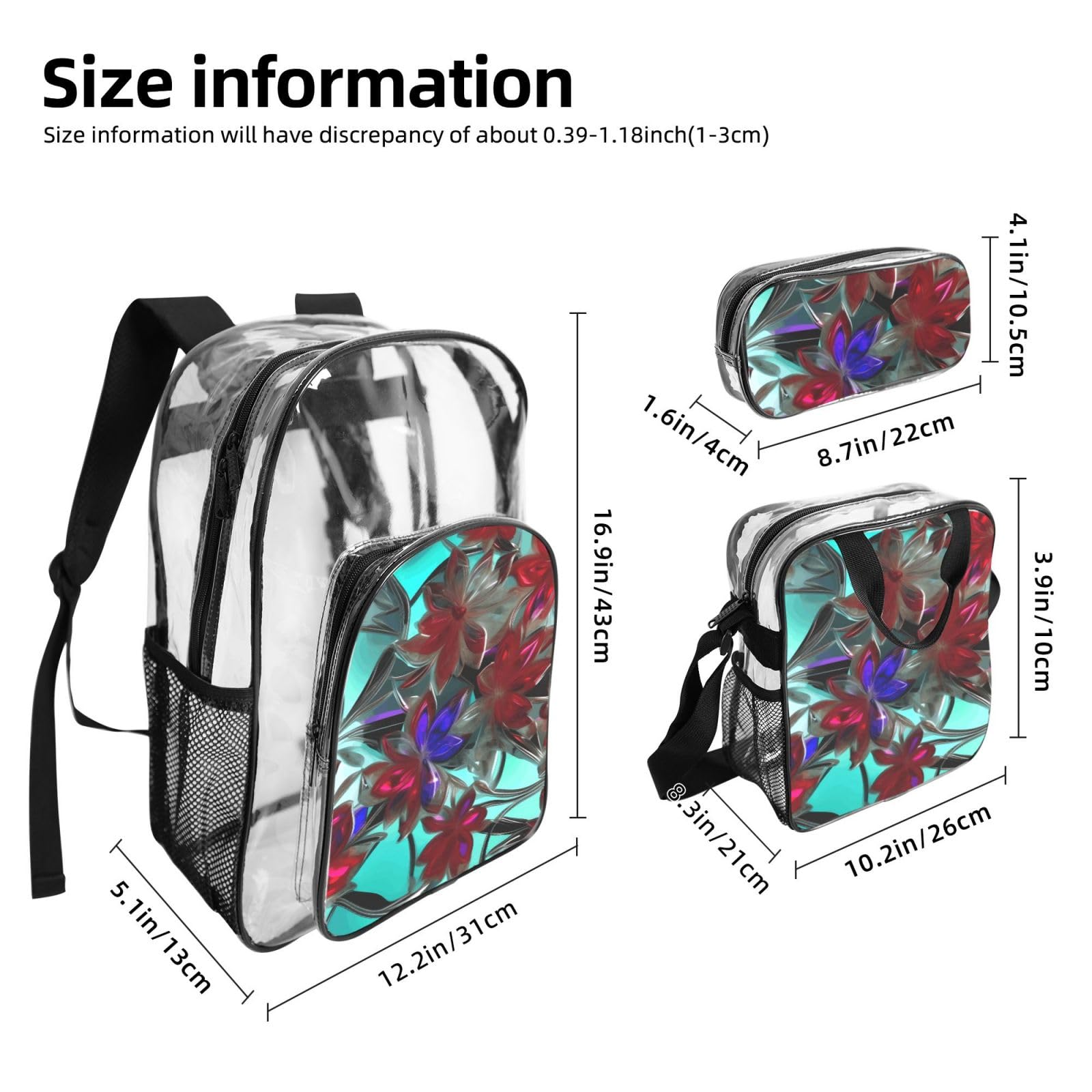 Ensemble de 3 sacs à dos transparents pour l'école, les voyages, les activités en plein air - Motif vitraux - Unisexe