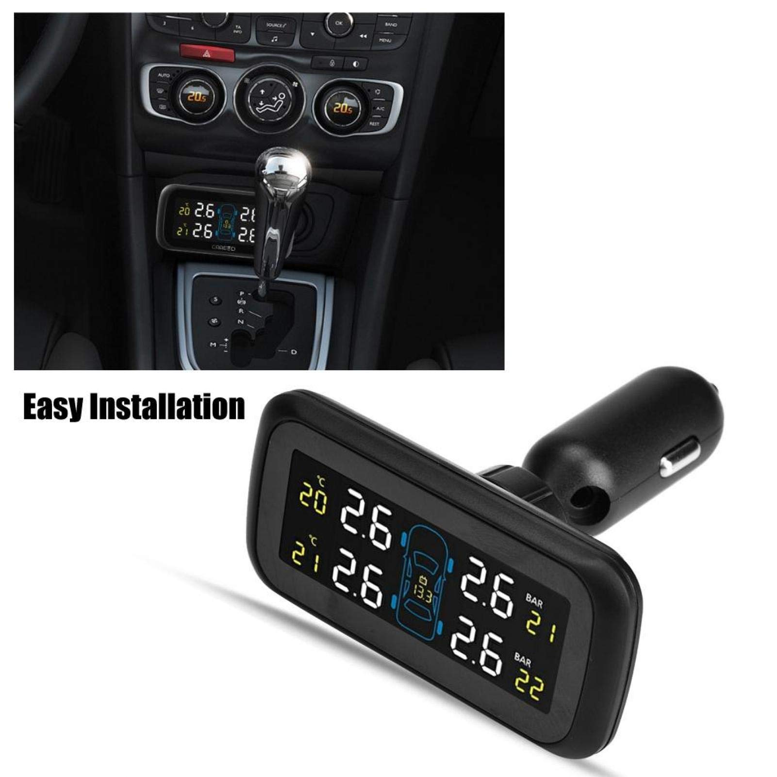 Sensor de presión de neumáticos, coche TPMS Sistema de control de presión de neumáticos Encendedor de cigarrillos LCD Cargador USB 4 Sensor interno