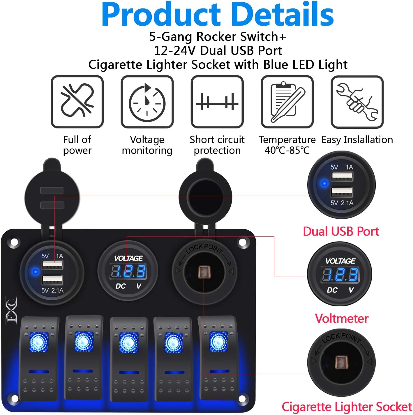 FXC Waterproof Marine Boat Rocker Switch Aluminum Panel 5 Gang with Dual USB Slot Socket 3.1A + Volt Meter Blue LED Light for Car Rv Vehicles Truck (KG0149-5B Blue): Industrial & Scientific
