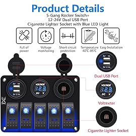 FXC Waterproof Marine Boat Rocker Switch Aluminum Panel 5 Gang with Dual USB Slot Socket 3.1A + Volt Meter Blue LED Light for Car Rv Vehicles Truck (KG0149-5B Blue)