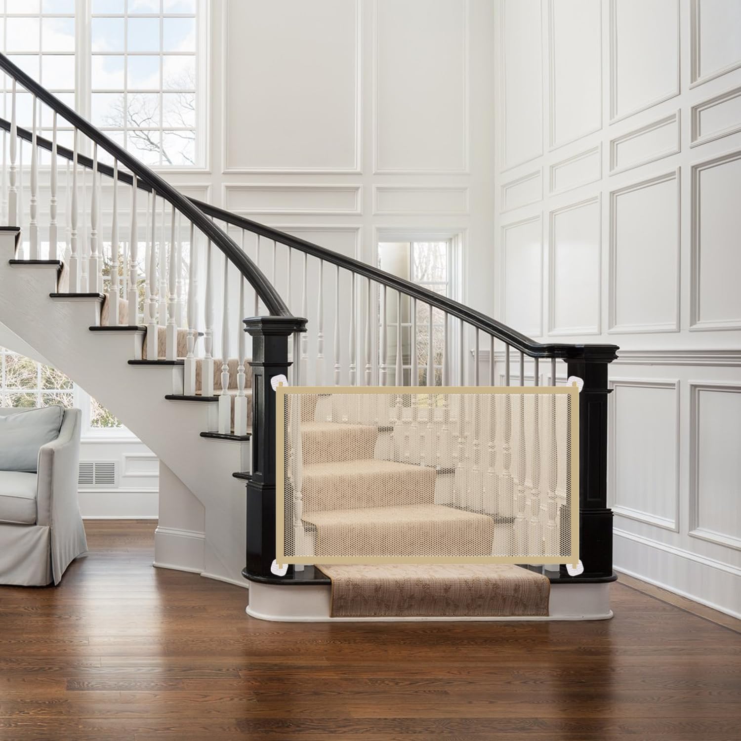 Cancello Cani, Barriera per Cani Cancelletto per Scale per Bambini Senza Trapano per Animali Domestici, Cani e Gatti con 4 Ganci Adesivi, 110 X 72 cm, Beige