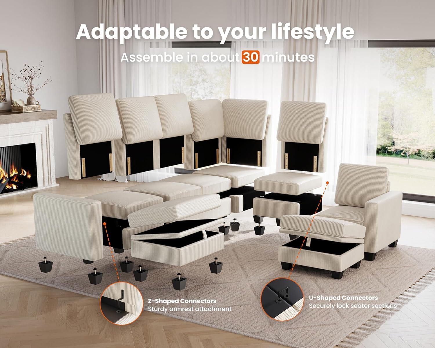 Exploded view of CHIC HOUSE modular sectional sofa components, showing individual seat sections, armrests, ottoman, legs, and connectors.