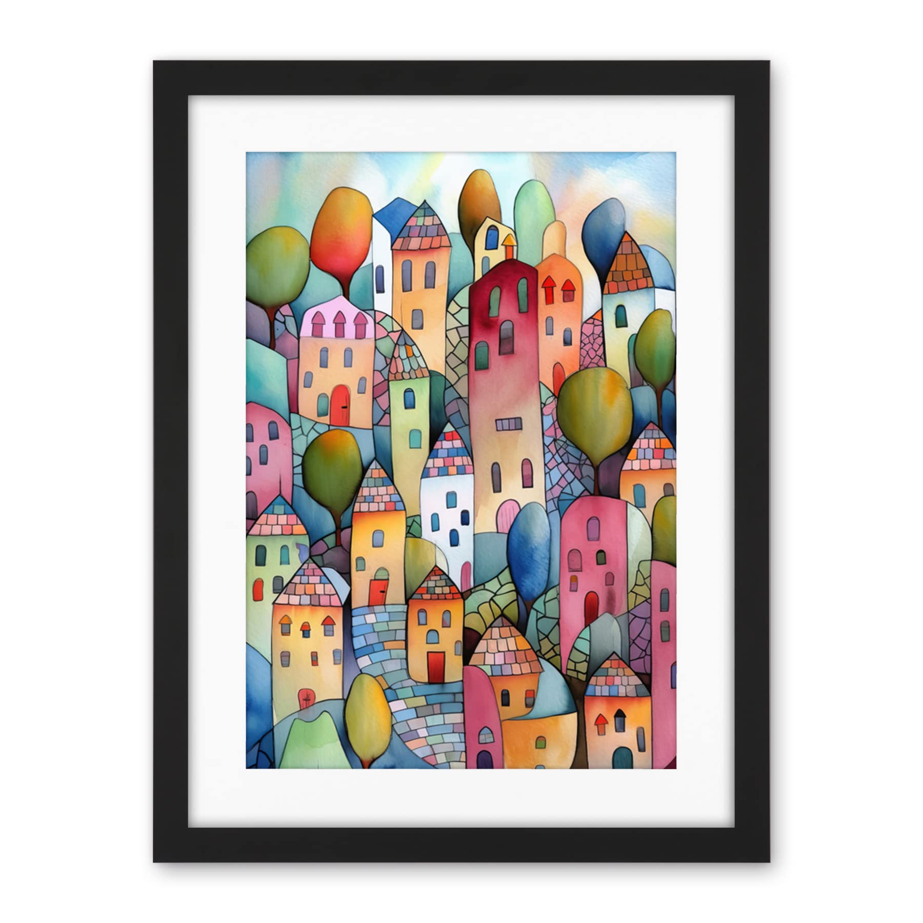 Artery8 Village On The Hill Cobble Streets Folk Art Artwork Framed Wall Art Print 18X24 Inch