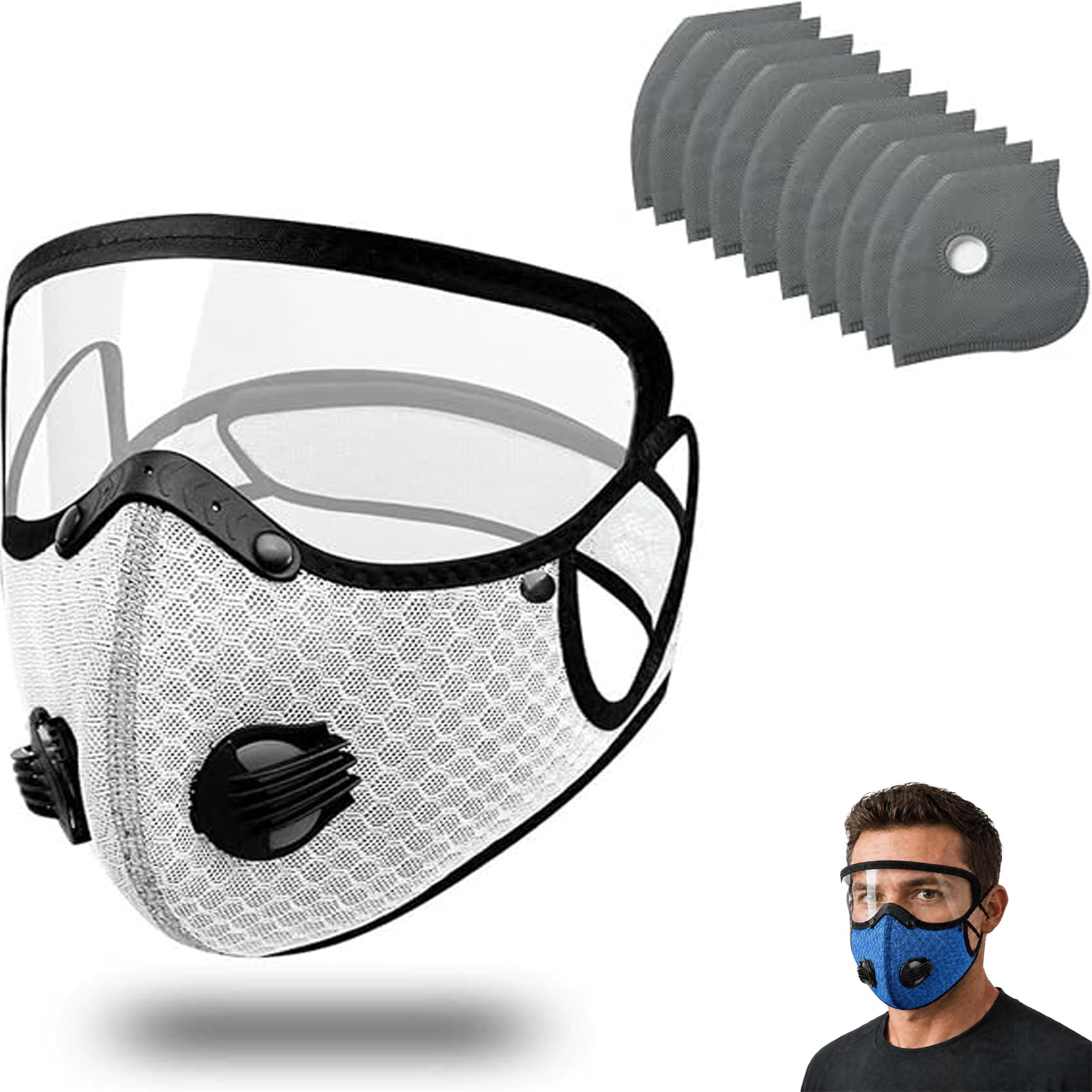 Tyscryphal Reusable Carbon Filter Dust Mask with Adjustable Goggles, With 10 Filters, for Mowing, Construction and Outdoor (White)