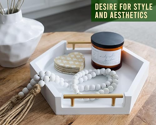 Miniatura 3 de Bandejas de servir de panal con asas doradas, juego de 2 bandejas hexagonales de bambú para anidar  Juego de bandejas grandes y pequeñas para