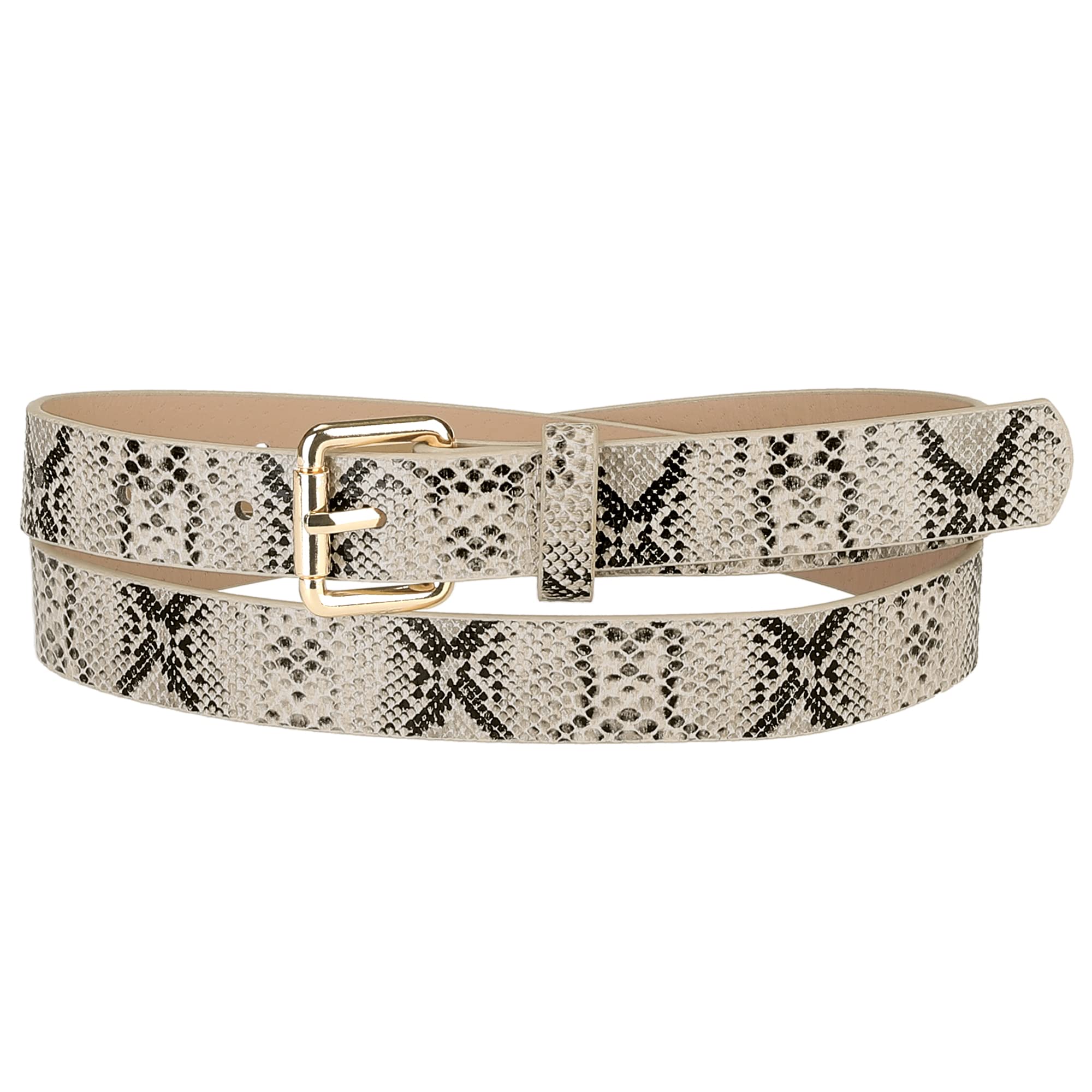 Elerevyo Women Slim Thin Waist Belt, Snakeskin Embossed Faux Leather Skinny Belts Waistband for Jeans Pants Beige 74-89cm/29.13-35.04"