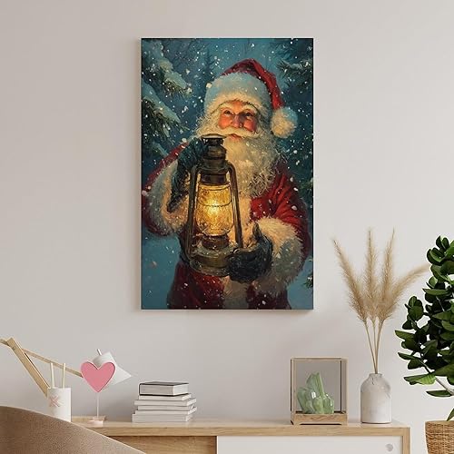 Miniatura 8 de Arte De Pared Vintage De Papá Noel, Papá Noel Sosteniendo Linterna En Póster De Tormenta De Nieve, Póster De Lienzo Tradicional De Invierno Para