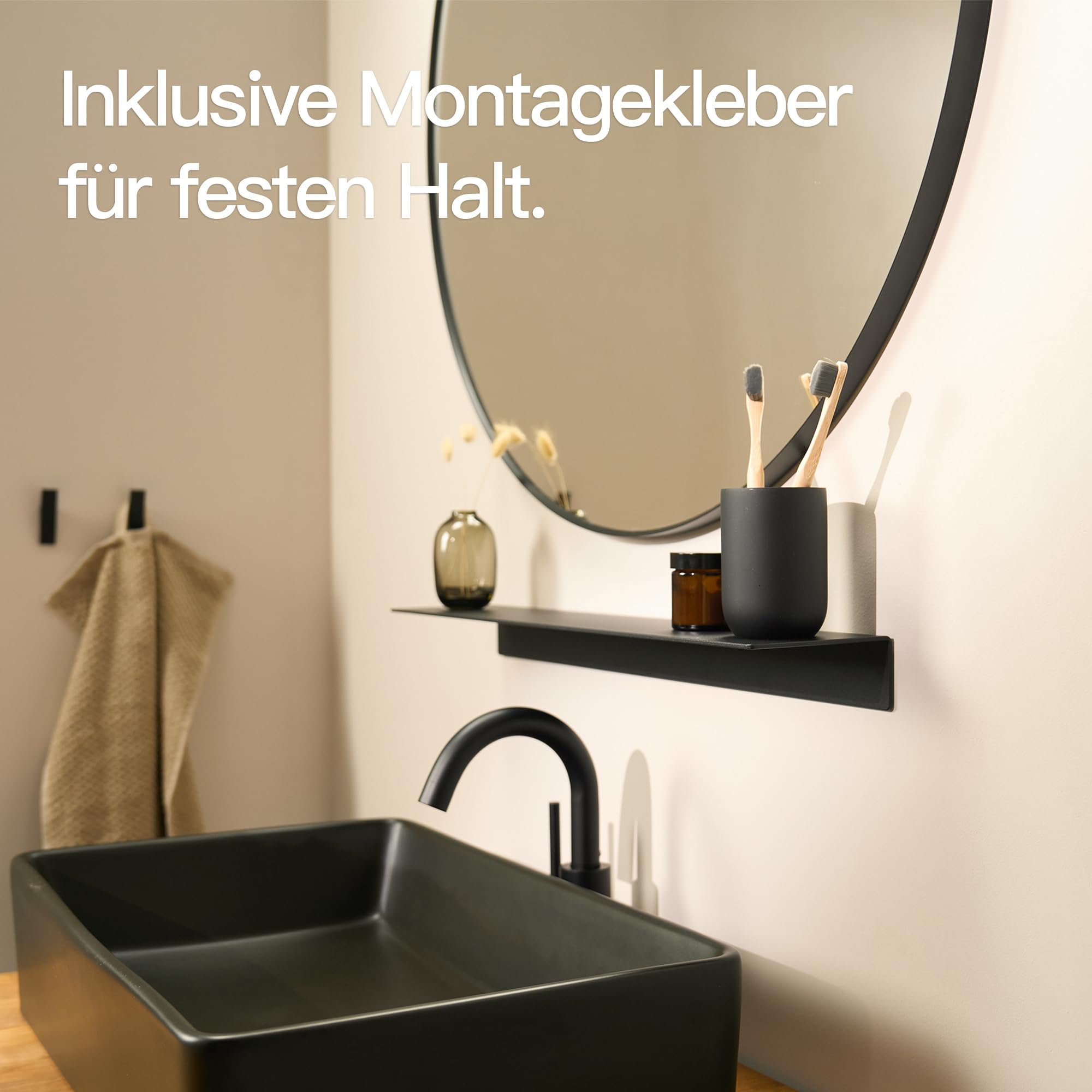 Designfabrik Hamburg Wandregal ohne Bohren | Duschregal selbstklebend | Ablage für Bad, Gästebad, Küche | Modernes Design | 58 cm | Schwarz