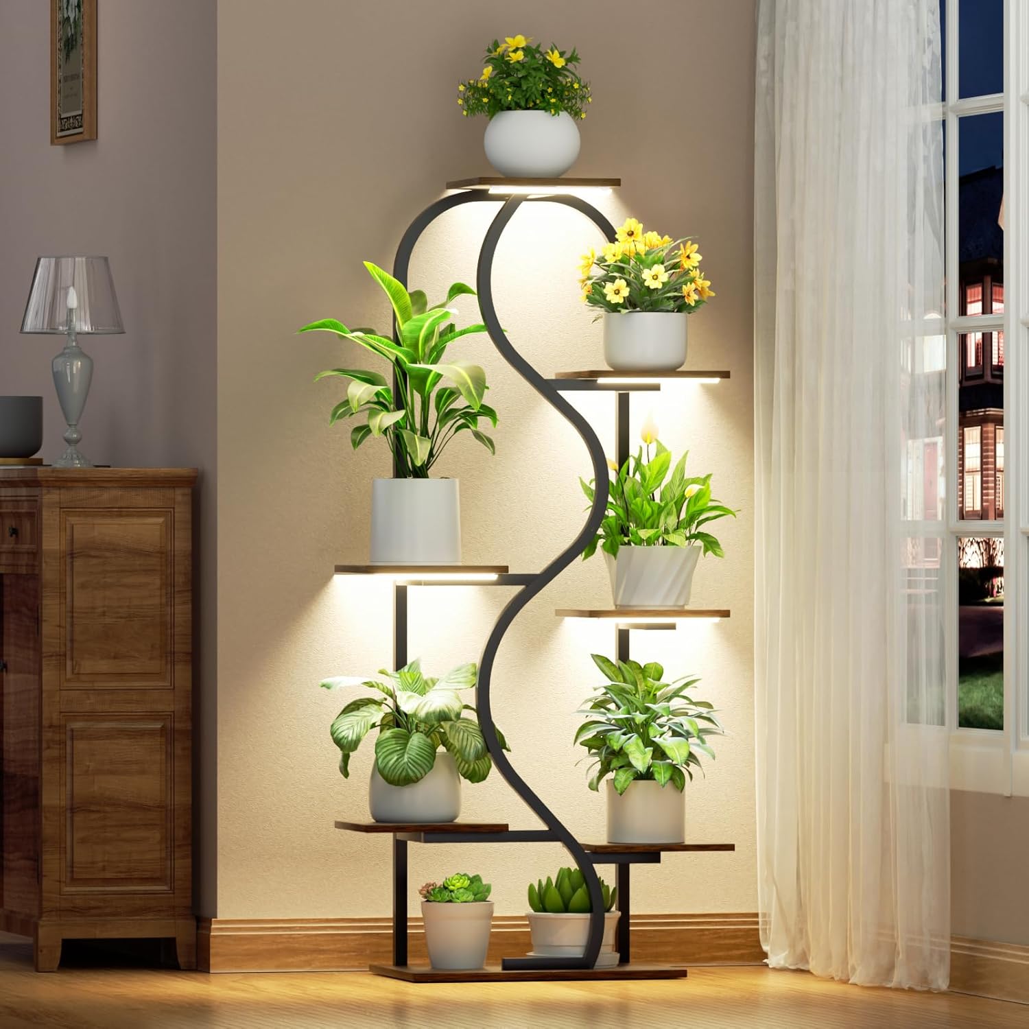 Plant Stand Indoor with Grow Lights - 48" Tall Plant Shelf Indoor, 7 Tiered Corner Plant Stands for Indoor Plants, Lighted S-Shaped Flower Holder Stand, Display Rack for Living Room, Balcony（Black)