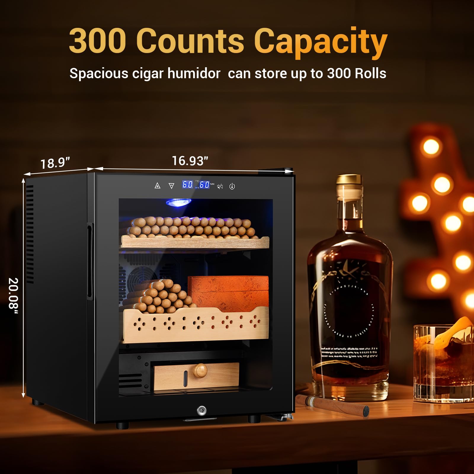 Electric Humidor for Cigars, 50L 300 Counts Large Capacity, Thermostatic Electric Cigar Cooler Cabinet with Spanish Cedar Wood Shelves, Digital LED Screen, Smart Humidity & Temp Control, Gifts for Men on Fridge.com